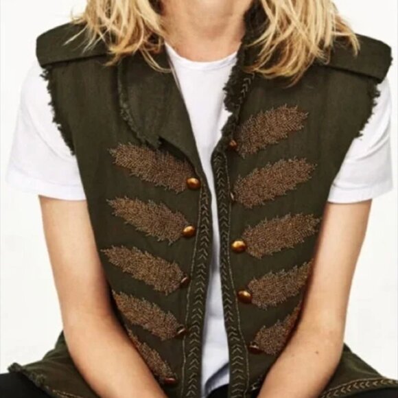 Zara Gold Beaded Military Vest, NWT, Olive Green, Size XS - Picture 4 of 13